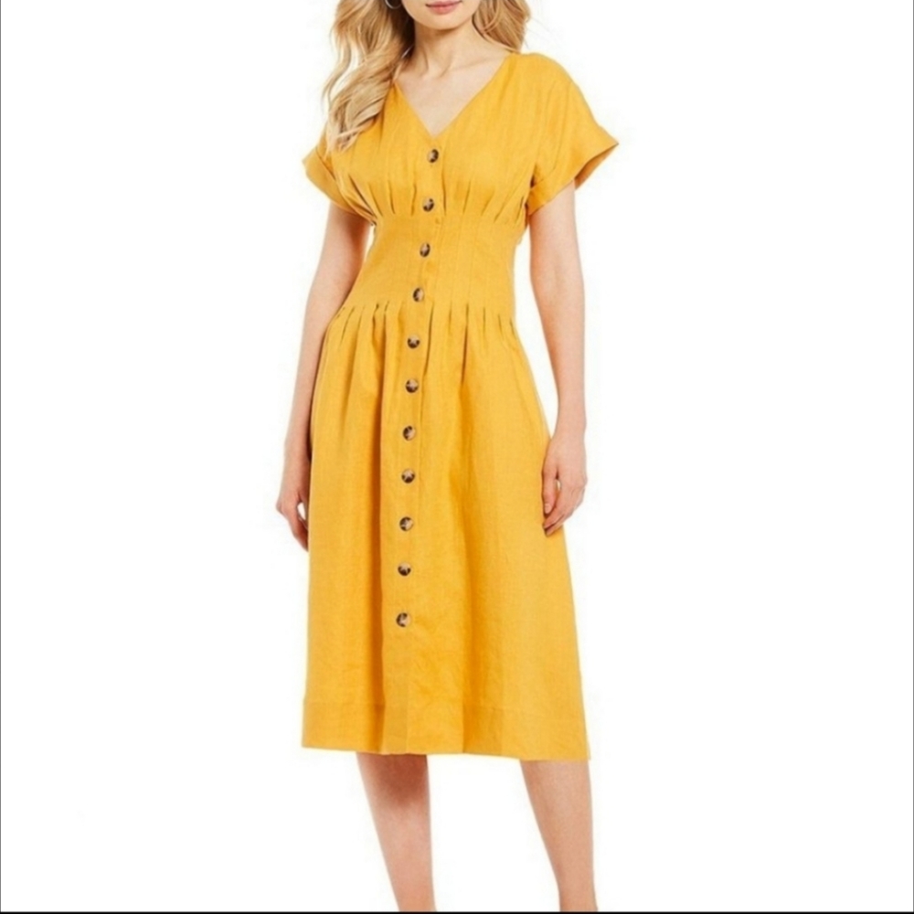 Antonio Melani Gold Ellie Linen Button-Down Midi Dress, size 12